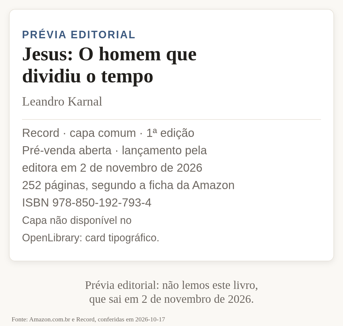 Card com a ficha de Jesus: O homem que dividiu o tempo, de Leandro Karnal: Record, 1a edicao, 252 paginas, lancamento em 2 de novembro de 2026.